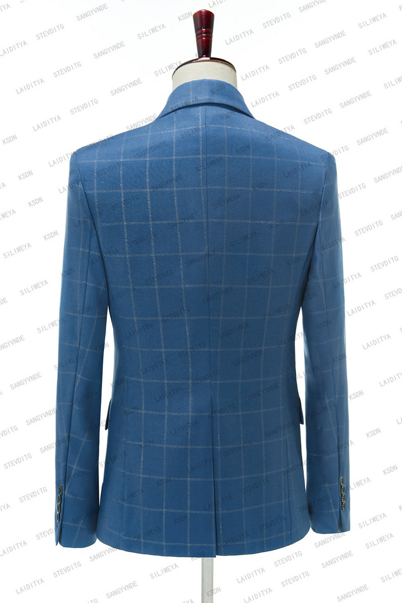 SILIWEYA 2023 új stílusú kék rácsos öltönyök férfi ruhák férfi öltönyök klub Terno vőfélyek esküvői legjobb férfi (kabát+nadrág+mellény)