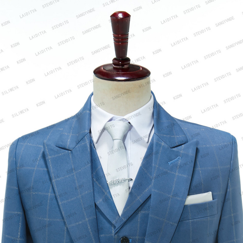 SILIWEYA 2023 új stílusú kék rácsos öltönyök férfi ruhák férfi öltönyök klub Terno vőfélyek esküvői legjobb férfi (kabát+nadrág+mellény)