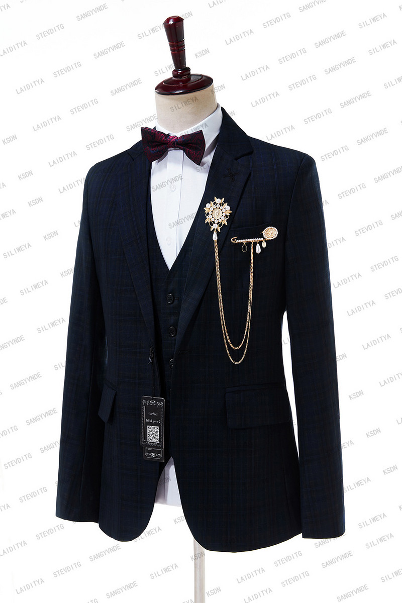 SILIWEYA 2023, új stílusú, sötétkék férfi blézer, karcsú kockás férfi öltöny, 3 részes esküvői vőlegény (kabát+nadrág+mellény)