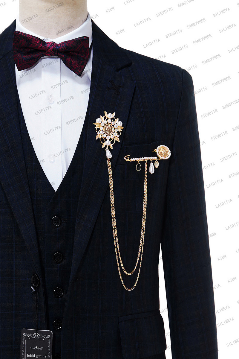 SILIWEYA 2023, új stílusú, sötétkék férfi blézer, karcsú kockás férfi öltöny, 3 részes esküvői vőlegény (kabát+nadrág+mellény)