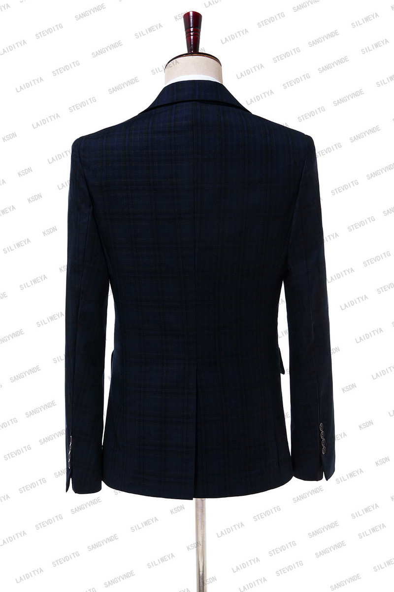 SILIWEYA 2023, új stílusú, sötétkék férfi blézer, karcsú kockás férfi öltöny, 3 részes esküvői vőlegény (kabát+nadrág+mellény)