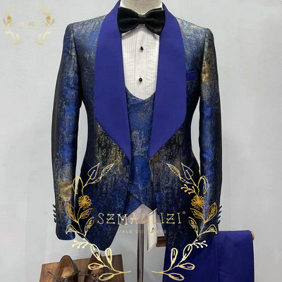 Luxus virágos esküvői szmoking vőlegénynek Slim Fit férfi öltönyök barna bársony csúcs hajtóka jelmez Homme 3 részes blézer mellény nadrág szettek