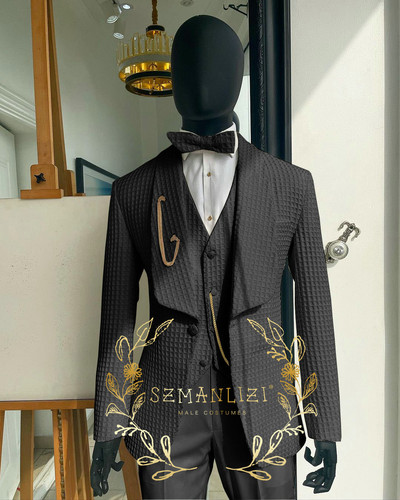 Luxus virágos esküvői szmoking vőlegénynek Slim Fit férfi öltönyök barna bársony csúcs hajtóka jelmez Homme 3 részes blézer mellény nadrág szettek