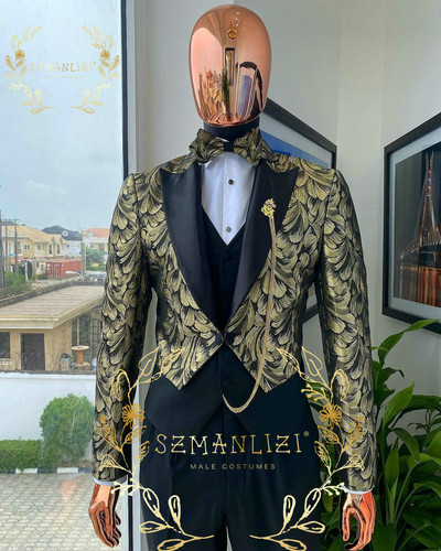 Luxus virágos esküvői szmoking vőlegénynek Slim Fit férfi öltönyök barna bársony csúcs hajtóka jelmez Homme 3 részes blézer mellény nadrág szettek