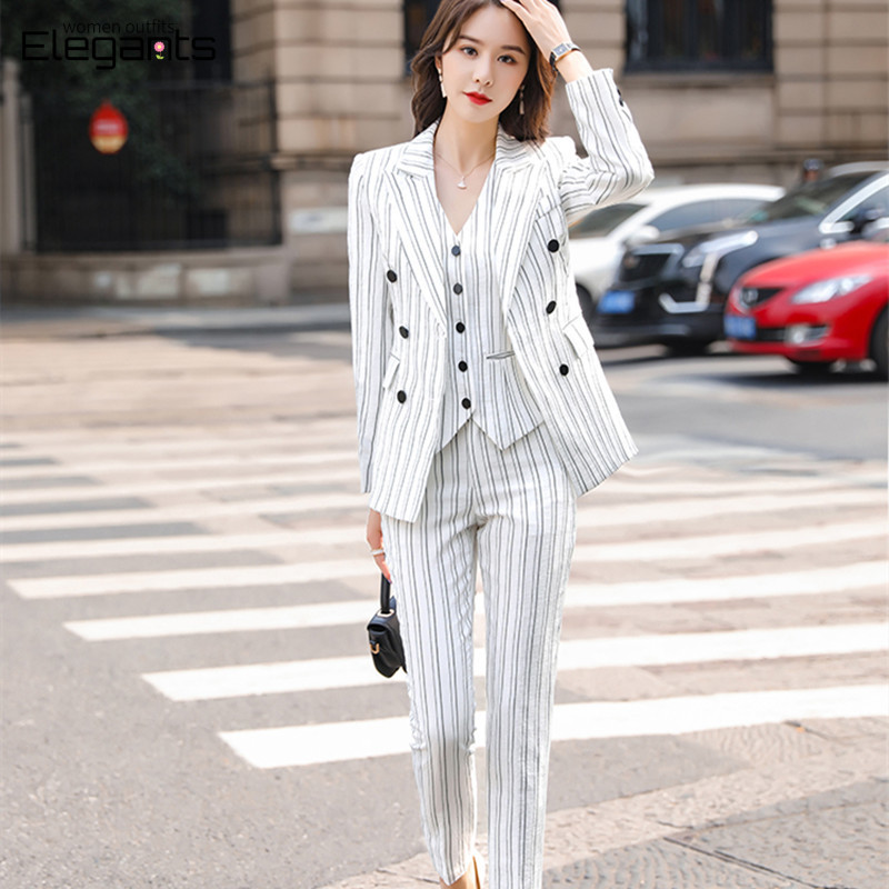 Csíkos fehér nadrágkosztüm női 3 részes mellény nadrág blézer szett üzleti női egyenruha irodai kabát öltöny Femlae 2021 tél
