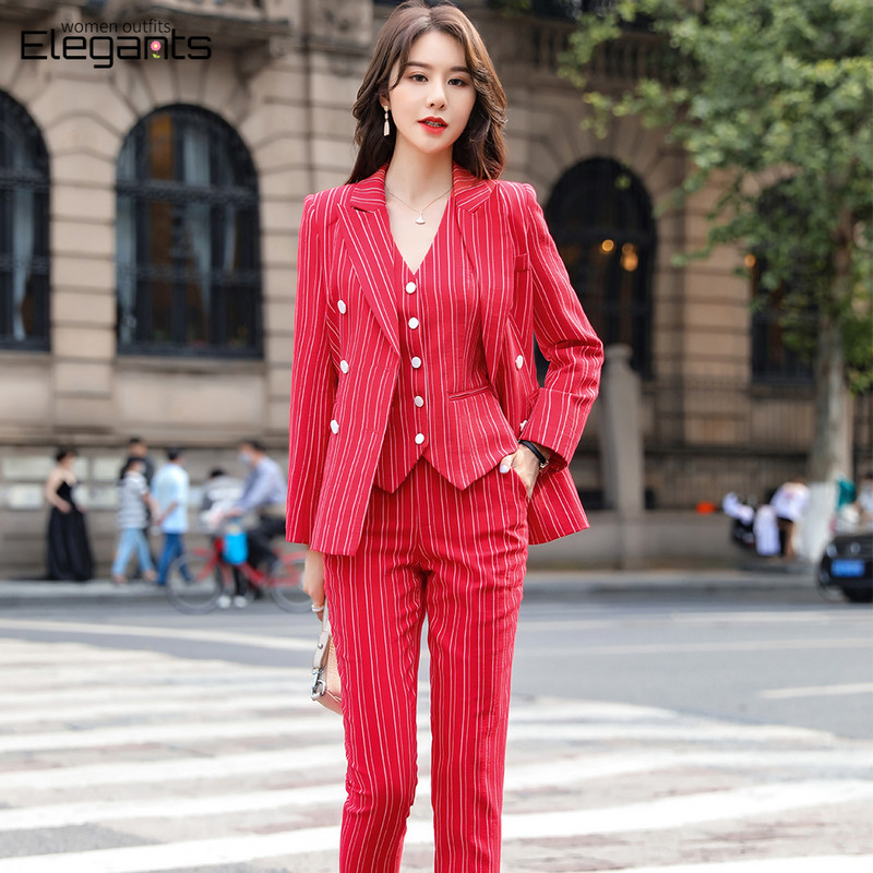 Csíkos fehér nadrágkosztüm női 3 részes mellény nadrág blézer szett üzleti női egyenruha irodai kabát öltöny Femlae 2021 tél