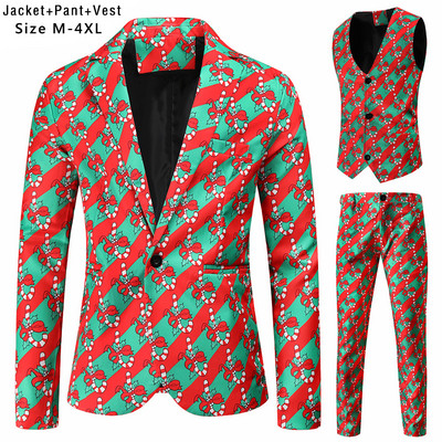 Új férfi karácsonyi öltönyök három részes aranyos rajzfilm 3D nyomtatott alkalmi öltöny kabát + nadrág + mellény 3 db karácsonyi parti ruha 12 szín