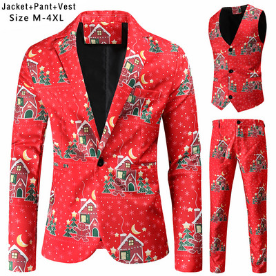 Új férfi karácsonyi öltönyök három részes aranyos rajzfilm 3D nyomtatott alkalmi öltöny kabát + nadrág + mellény 3 db karácsonyi parti ruha 12 szín
