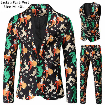 Új férfi karácsonyi öltönyök három részes aranyos rajzfilm 3D nyomtatott alkalmi öltöny kabát + nadrág + mellény 3 db karácsonyi parti ruha 12 szín