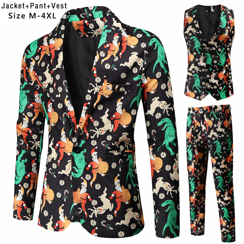 Új férfi karácsonyi öltönyök három részes aranyos rajzfilm 3D nyomtatott alkalmi öltöny kabát + nadrág + mellény 3 db karácsonyi parti ruha 12 szín