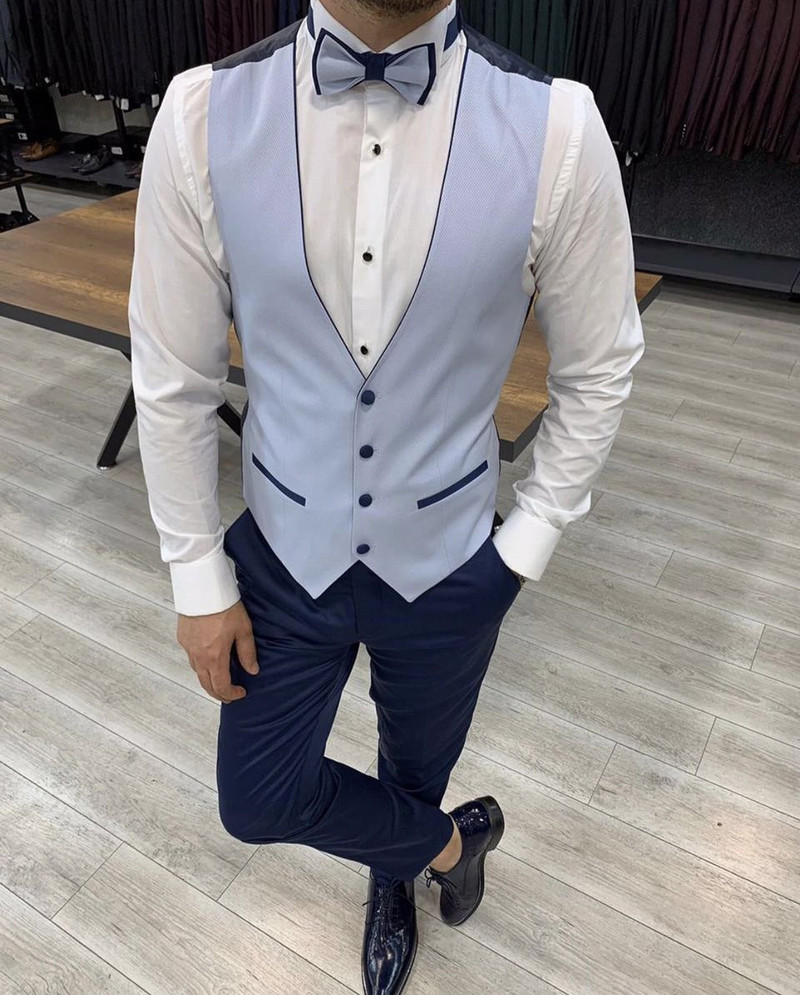 Jelmez Világoskék esküvői szmokingok sötétkék csúcsos hajtókás karcsú vőlegényi viselet formális buli bál férfi öltöny legjobb férfi blézer 3 részes