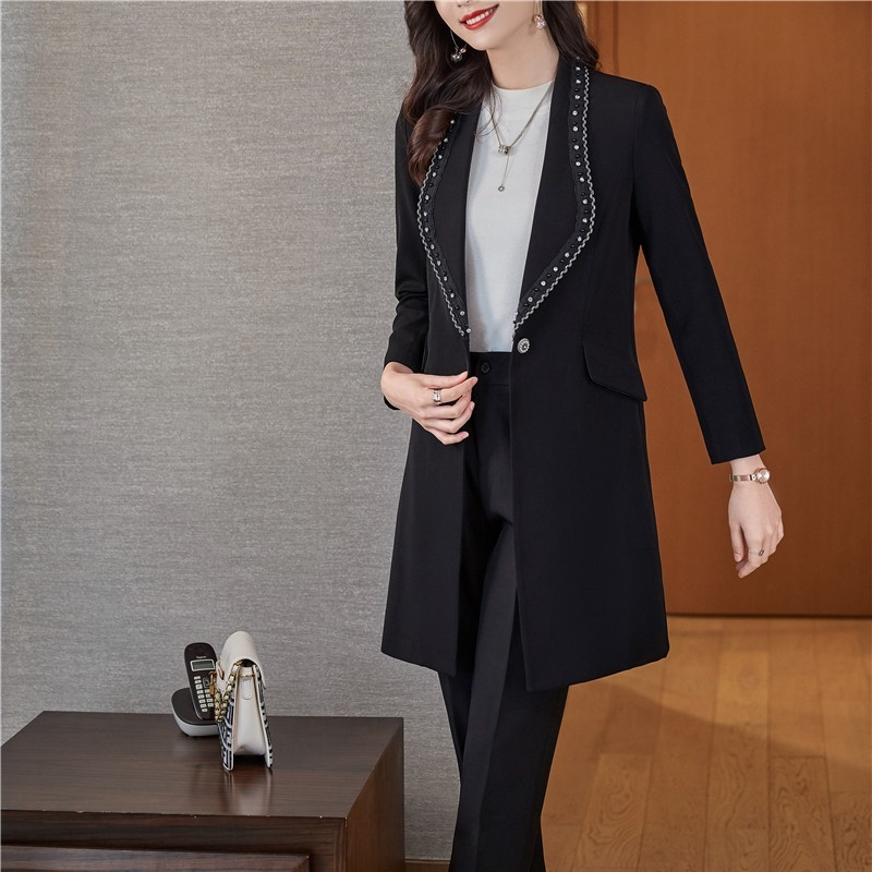 Őszi tél női hosszú blézer és nadrág 2 részes öltöny OL stílusok divatos fekete kabát kabát Blaser formális professzionális nadrágkosztüm