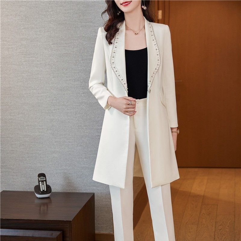 Őszi tél női hosszú blézer és nadrág 2 részes öltöny OL stílusok divatos fekete kabát kabát Blaser formális professzionális nadrágkosztüm