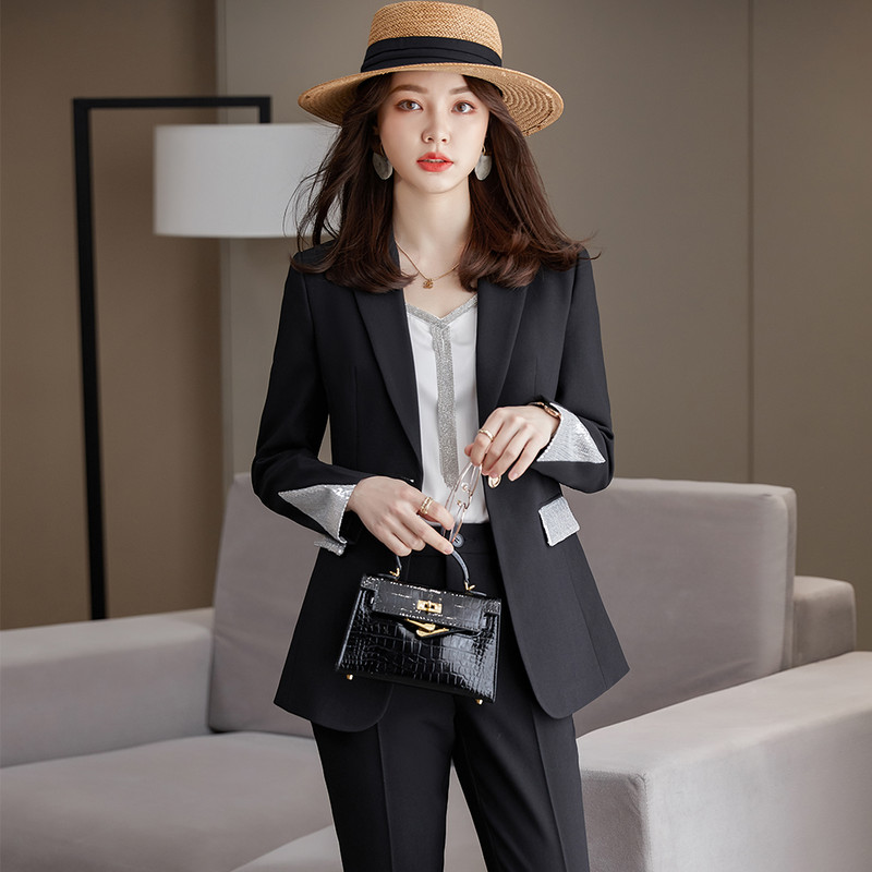 Új érkezés koreai dizájn női divatos nadrágkosztüm 2 részes szett alkalmi zöld sárgabarack fekete blézerkabát felsők és nadrágok