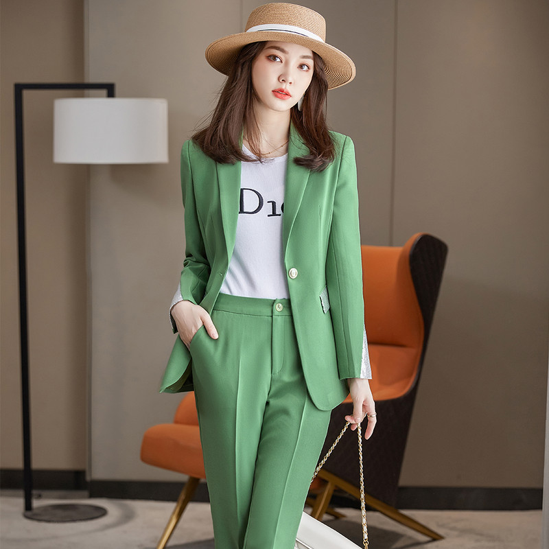 Új érkezés koreai dizájn női divatos nadrágkosztüm 2 részes szett alkalmi zöld sárgabarack fekete blézerkabát felsők és nadrágok