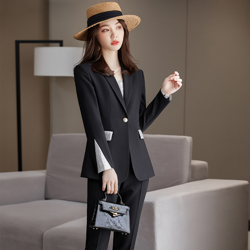 Új érkezés koreai dizájn női divatos nadrágkosztüm 2 részes szett alkalmi zöld sárgabarack fekete blézerkabát felsők és nadrágok