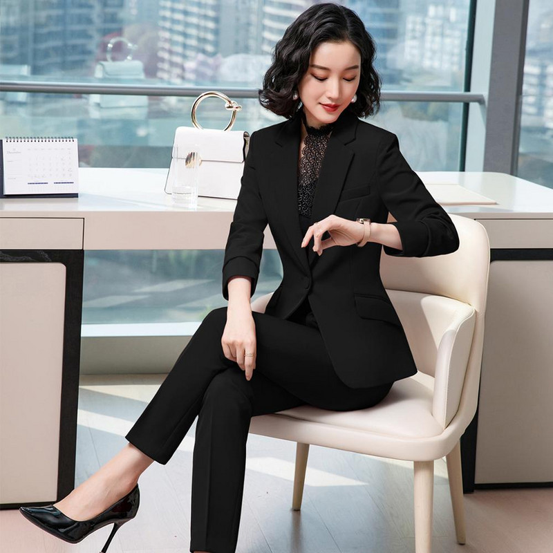 Piros Sötétkék Fekete Női nadrágkosztüm irodai hölgyekhez, kétrészes szett S-4XL méretű formális munkablézerkabát nadrágszettel