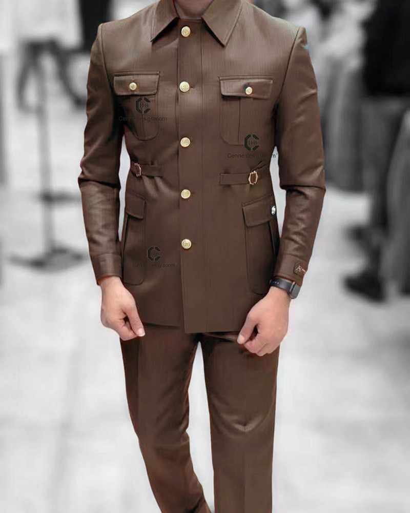Cenne Des Graoom szafari öltönyök férfiaknak Arany gombos, négyzet alakú gallér, testre szabott formális alkalmi üzleti viselet hivatalos viselet.