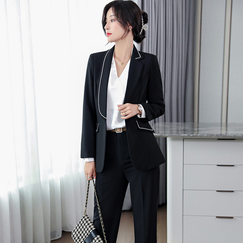 Divatos női dzseki blézer nadrágkosztüm nadrág hivatalos irodai női női fekete bézs 2 részes szett üzleti munkaruházathoz