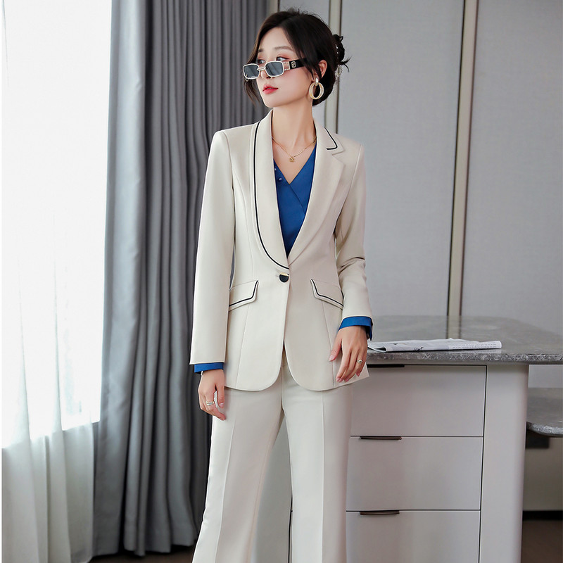 Divatos női dzseki blézer nadrágkosztüm nadrág hivatalos irodai női női fekete bézs 2 részes szett üzleti munkaruházathoz