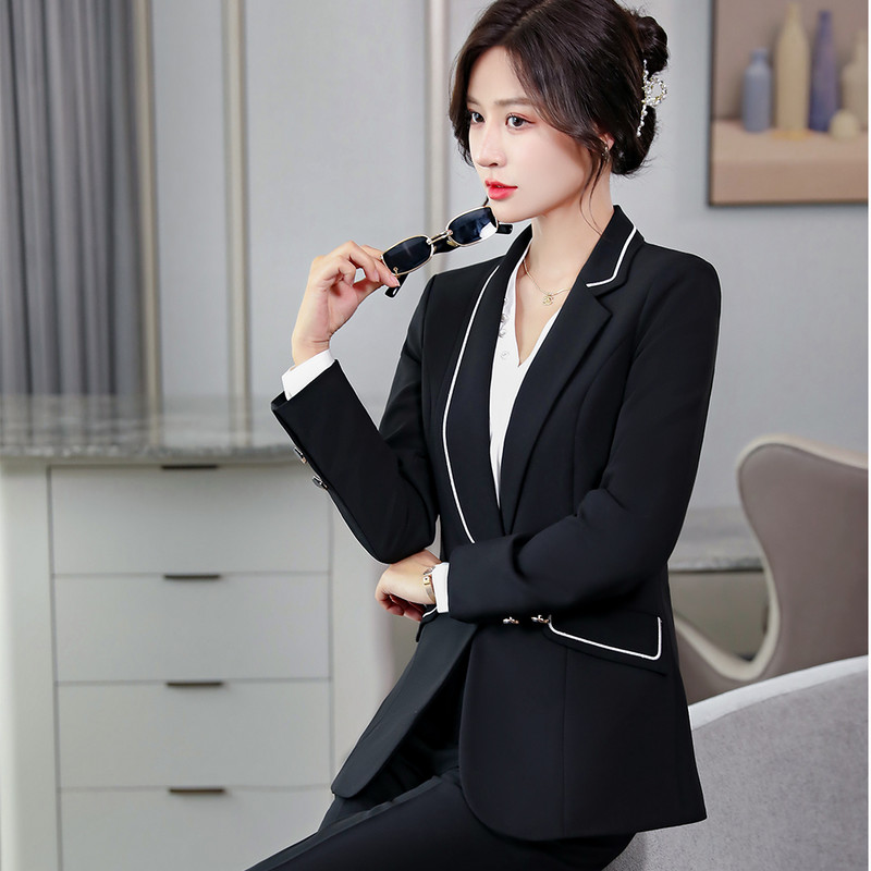 Divatos női dzseki blézer nadrágkosztüm nadrág hivatalos irodai női női fekete bézs 2 részes szett üzleti munkaruházathoz