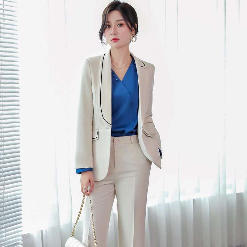 Divatos női dzseki blézer nadrágkosztüm nadrág hivatalos irodai női női fekete bézs 2 részes szett üzleti munkaruházathoz