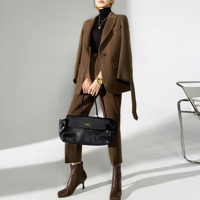 2021, női, őszi, téli, két részes szett irodai női munka alkalmi laza gyapjú blézer ruhák női nadrágkosztümök M579