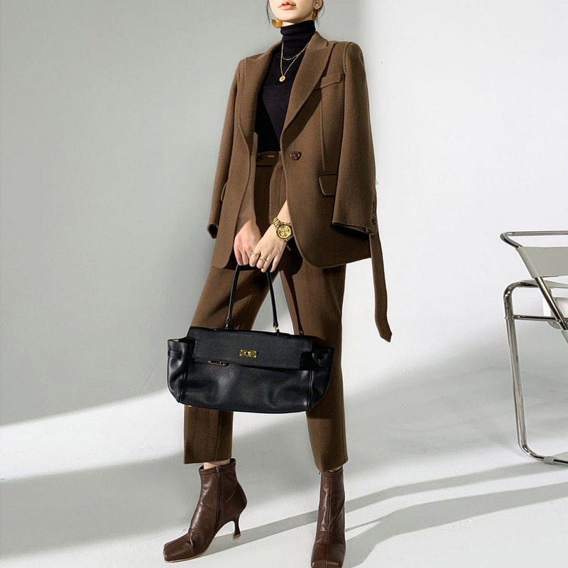 2021, női, őszi, téli, két részes szett irodai női munka alkalmi laza gyapjú blézer ruhák női nadrágkosztümök M579