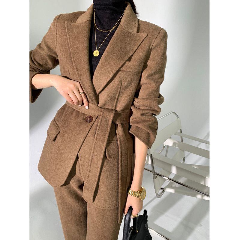 2021, női, őszi, téli, két részes szett irodai női munka alkalmi laza gyapjú blézer ruhák női nadrágkosztümök M579