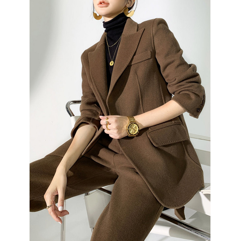 2021, női, őszi, téli, két részes szett irodai női munka alkalmi laza gyapjú blézer ruhák női nadrágkosztümök M579