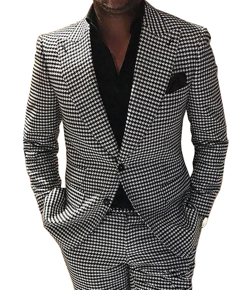 Férfi houndstooth öltönyök formális, bevágásos hajtókás gyapjú/tweed szmoking esküvői báli blézer legjobb férfi öltönyök 2 részes (blézer + nadrág)