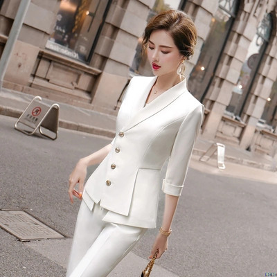 Kiváló minőségű alkalmi női öltöny nadrág, kétrészes szett 2022-es új nyári elegáns női fehér blézer dzseki üzleti öltözék