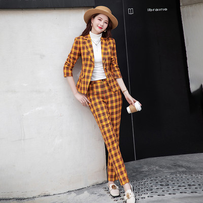 2021. őszi, sárga női nadrágkosztüm, 2 részes szett formális, elegáns női kockás blézer női dzseki üzleti nadrágkosztüm
