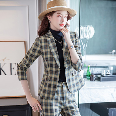 2021. őszi, sárga női nadrágkosztüm, 2 részes szett formális, elegáns női kockás blézer női dzseki üzleti nadrágkosztüm