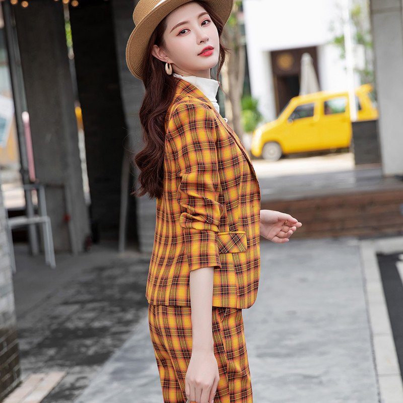 2021. őszi, sárga női nadrágkosztüm, 2 részes szett formális, elegáns női kockás blézer női dzseki üzleti nadrágkosztüm