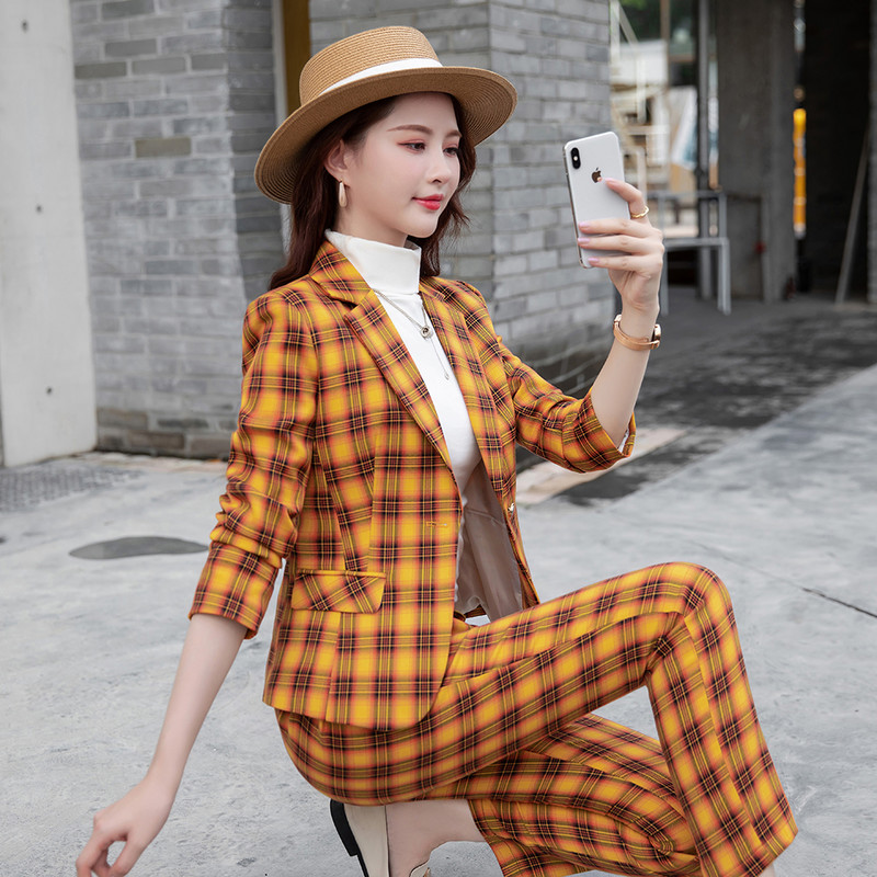 2021. őszi, sárga női nadrágkosztüm, 2 részes szett formális, elegáns női kockás blézer női dzseki üzleti nadrágkosztüm