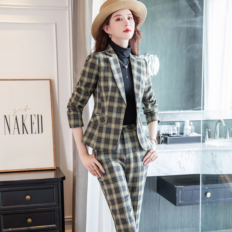 2021. őszi, sárga női nadrágkosztüm, 2 részes szett formális, elegáns női kockás blézer női dzseki üzleti nadrágkosztüm