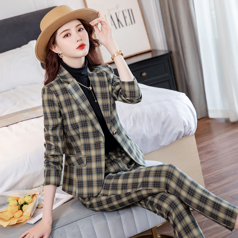 2021. őszi, sárga női nadrágkosztüm, 2 részes szett formális, elegáns női kockás blézer női dzseki üzleti nadrágkosztüm