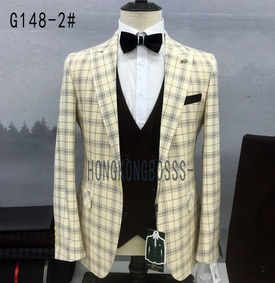 Öltöny Kabát Mellény Nadrág / 2022 Divat Új Férfi Alkalmi Üzleti Kockás Slim Fit Ruha Blézer Kabát Nadrág Mellény 3 db szett