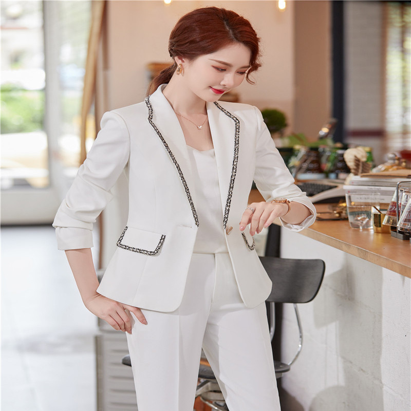 Női formális női öltönyök nadrággal és kabátokkal Kabát Elegáns fehér Professzionális OL stílusú irodai nadrágkosztüm blézer szett