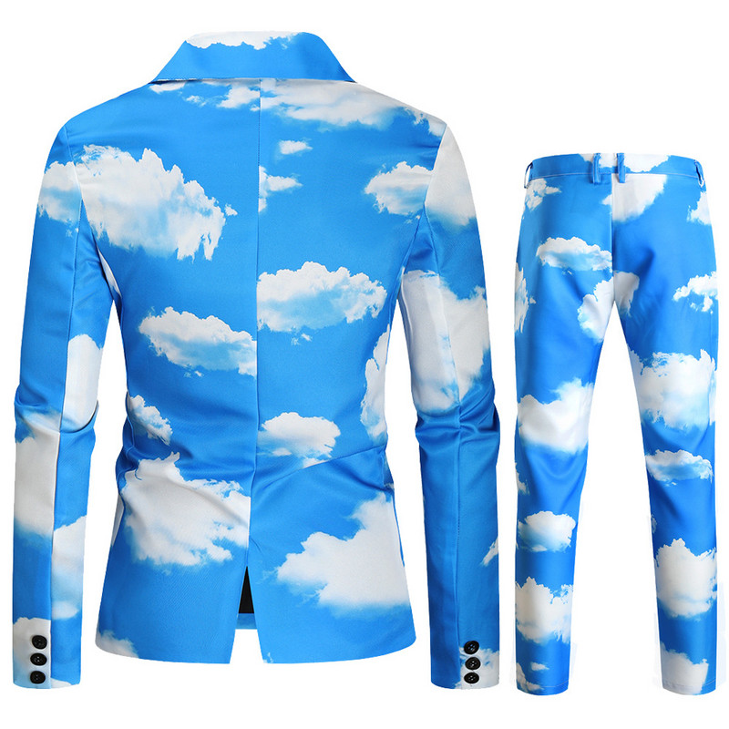 HOO 2023 őszi új férfi kék ég fehér felhők nyomott öltöny, két részes