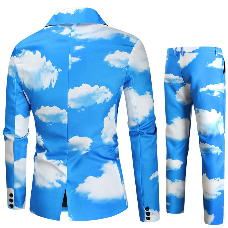 HOO 2023 őszi új férfi kék ég fehér felhők nyomott öltöny, két részes