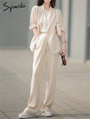 Syiwidii elegáns női öltöny szett 2023 új koreai túlméretezett, hosszú ujjú tömör öltönyök, magas derekú, széles lábú, egyenes öltönynadrág szett