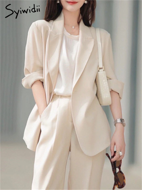 Syiwidii elegáns női öltöny szett 2023 új koreai túlméretezett, hosszú ujjú tömör öltönyök, magas derekú, széles lábú, egyenes öltönynadrág szett