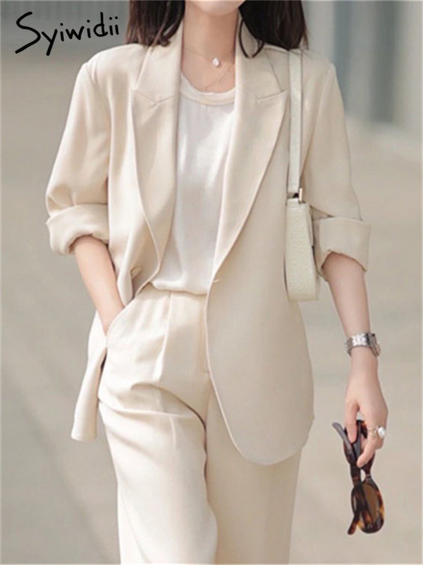 Syiwidii elegáns női öltöny szett 2023 új koreai túlméretezett, hosszú ujjú tömör öltönyök, magas derekú, széles lábú, egyenes öltönynadrág szett