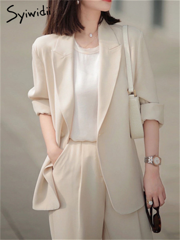 Syiwidii elegáns női öltöny szett 2023 új koreai túlméretezett, hosszú ujjú tömör öltönyök, magas derekú, széles lábú, egyenes öltönynadrág szett