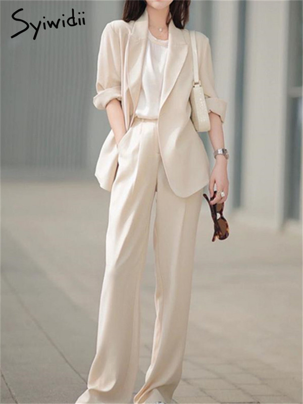 Syiwidii elegáns női öltöny szett 2023 új koreai túlméretezett, hosszú ujjú tömör öltönyök, magas derekú, széles lábú, egyenes öltönynadrág szett