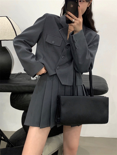 Syiwidii irodai női blézer dzseki szoknya készletek nőknek lehúzható gallérral, egysoros koreai alkalmi redőzött szoknya szettek