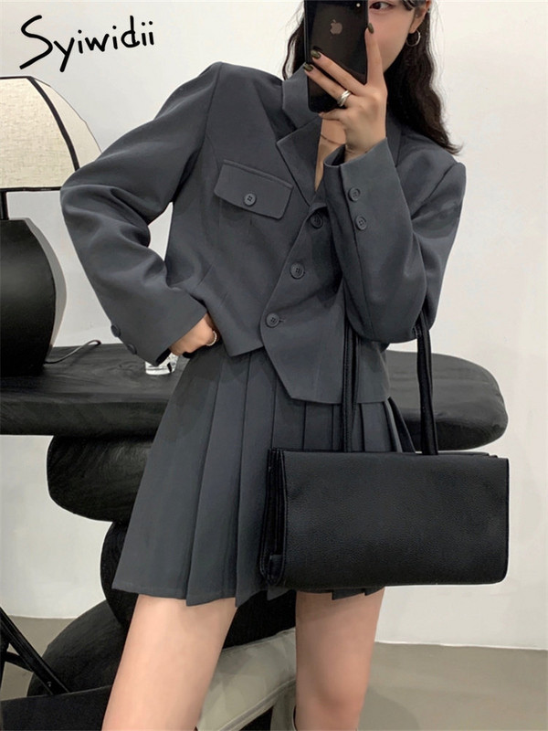 Syiwidii irodai női blézer dzseki szoknya készletek nőknek lehúzható gallérral, egysoros koreai alkalmi redőzött szoknya szettek