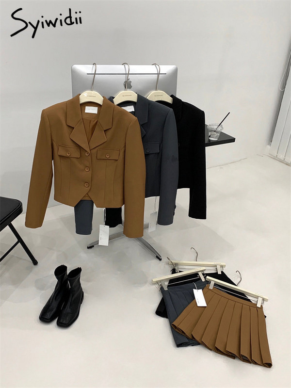 Syiwidii irodai női blézer dzseki szoknya készletek nőknek lehúzható gallérral, egysoros koreai alkalmi redőzött szoknya szettek